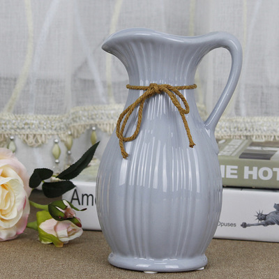 创意奶壶花瓶陶瓷北欧风格彩色家居装饰摆设插花瓶配麻绳可装水