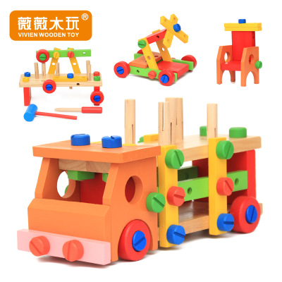 厂家供应木制儿童多功能敲打拆装螺母车 组合动手益智玩具热卖