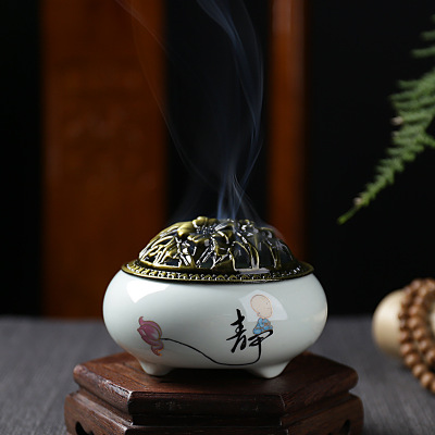 跨境货源陶瓷工艺品 紫砂盘香炉沉香崖柏线香炉瑜伽养生香塔香炉