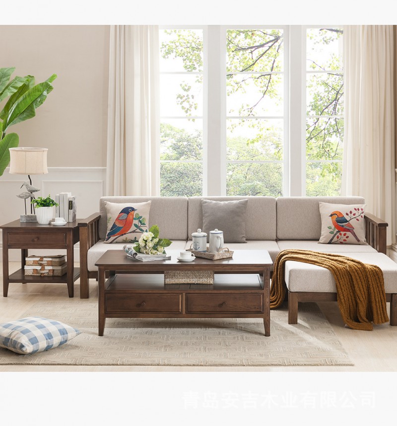 美式乡村简美纯实木橡木沙发组合简|约北欧客厅可拆洗布艺家具