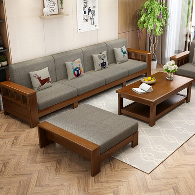 中式实木沙发组合现代简约客厅可拆洗布艺沙发床贵妃转角大小户型