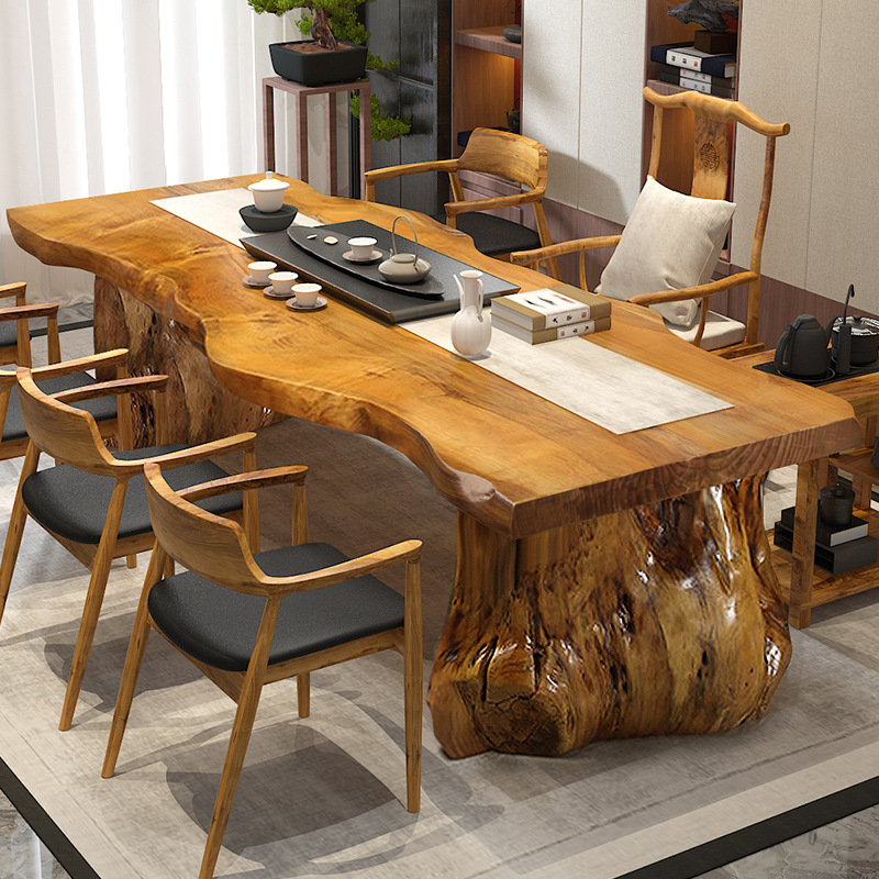 实木原木办公室茶桌松木自然边大板茶桌椅组合泡茶喝茶桌整块茶台