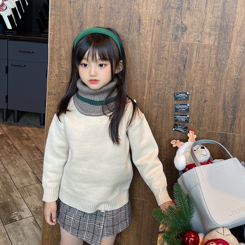 21年秋冬童装毛衣韩版休闲光板一体绒夹色领子儿童毛衣加绒加厚