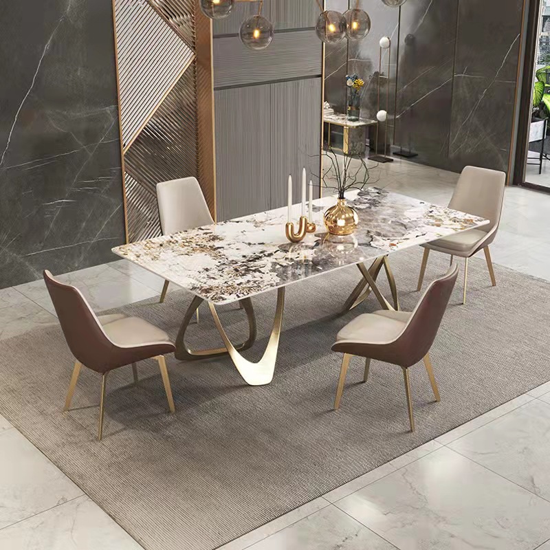 亮光岩板餐桌轻奢现代简约高端设计师时尚奢石长方形吃饭桌