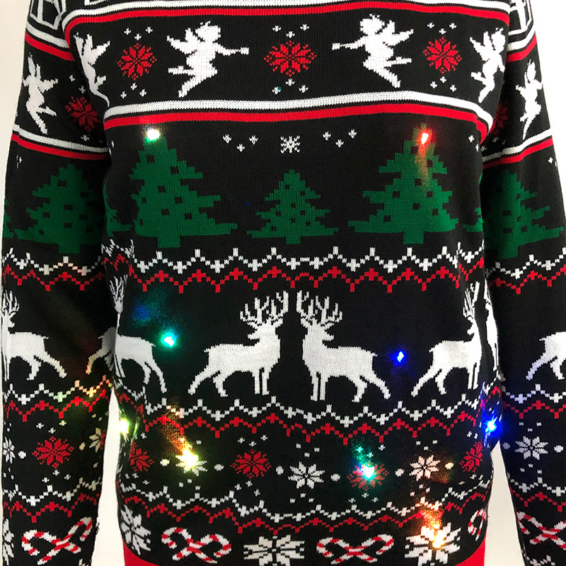 欧美圣诞毛衣女 带LED灯宽松套头长袖衫提花小鹿圣诞节针织毛衣