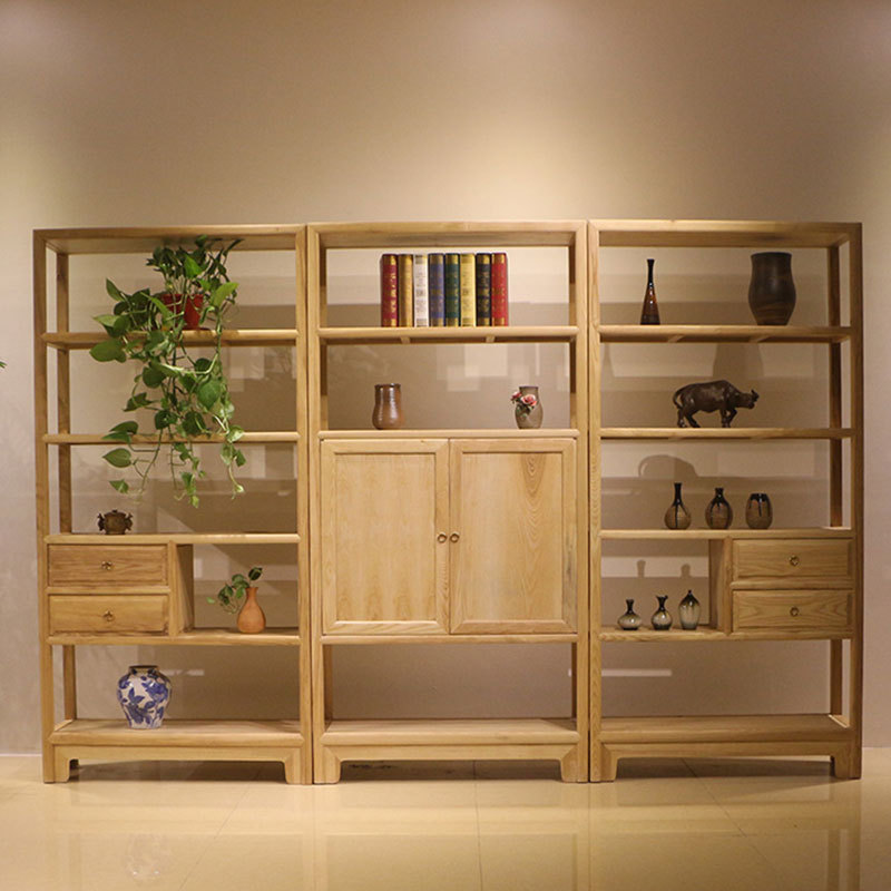 新中式白蜡木免漆书柜 隔断架实木书架 禅意实木三组合书架