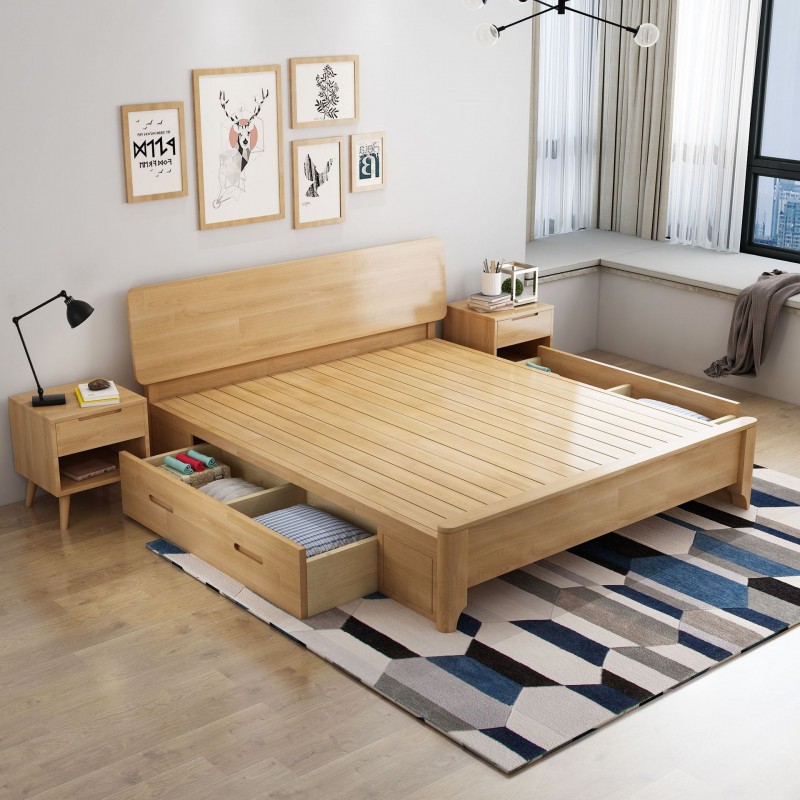 北欧实木床1米8双人床现代简约1.5m单人床抽屉高箱储物公寓民宿