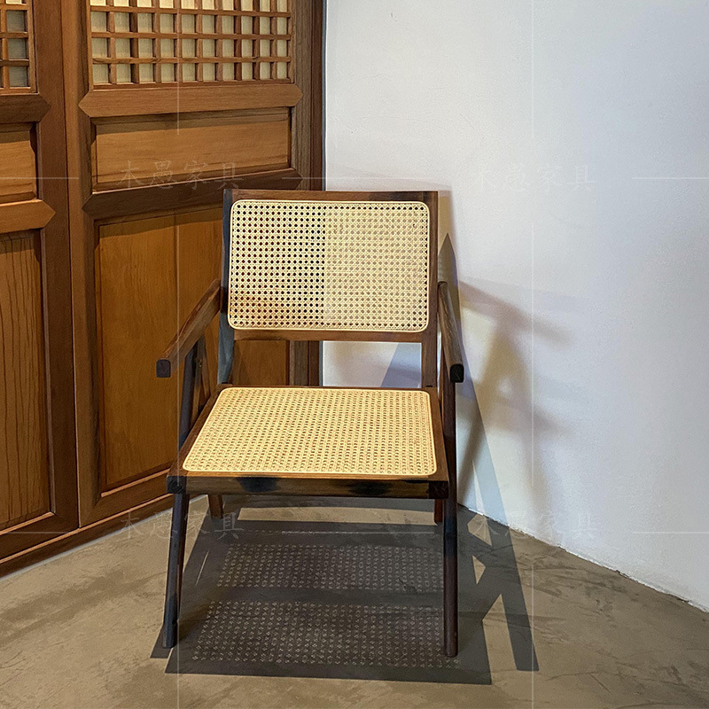 日式侘寂风实木藤编餐椅北欧船木背靠藤席椅子昌迪加尔扶手休闲椅