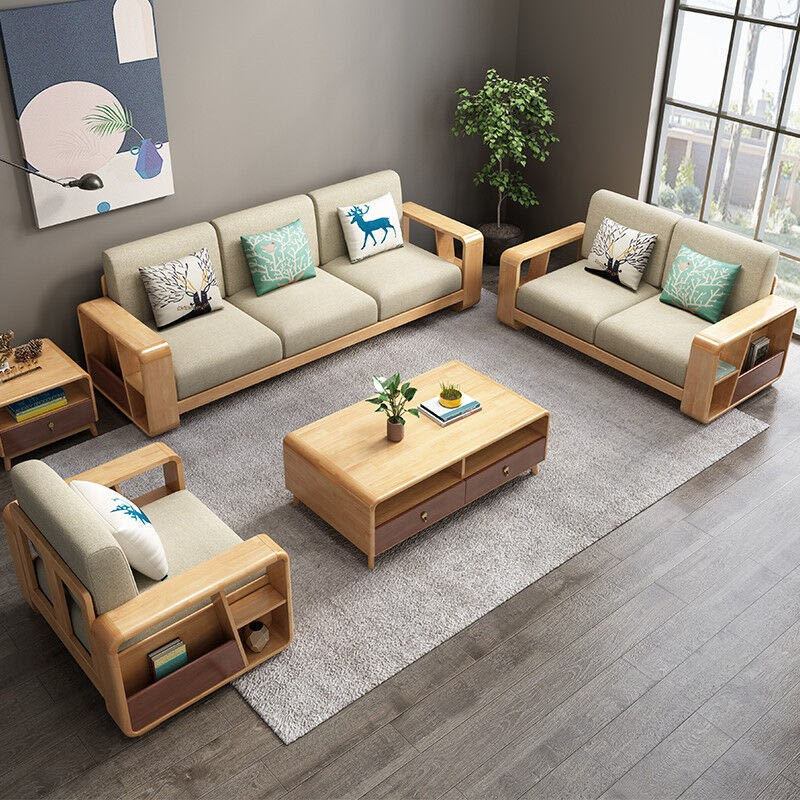 北欧风格实木沙发客厅小户型组合实木布艺简约现代橡木沙发