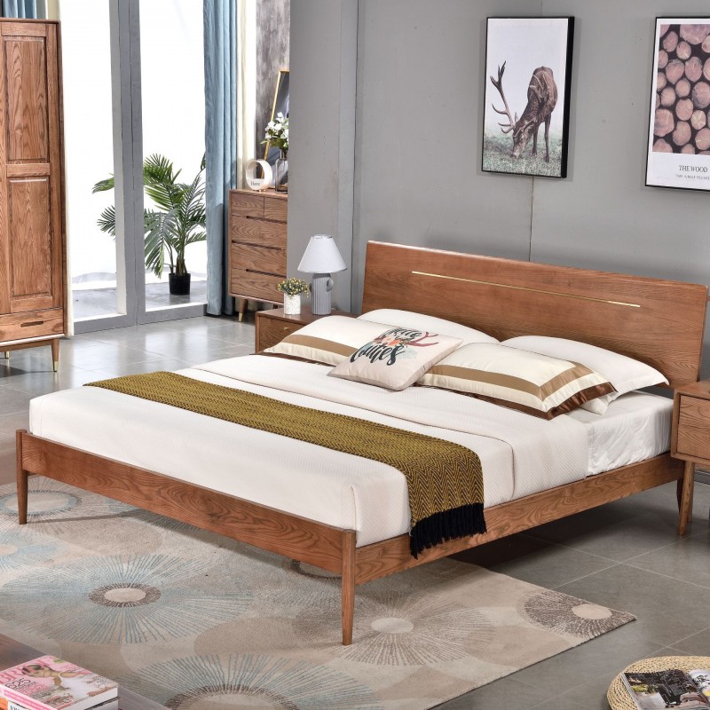 白蜡木北欧1.8米双人床 主卧1.5米带插座简约床 厂家货现代实木床