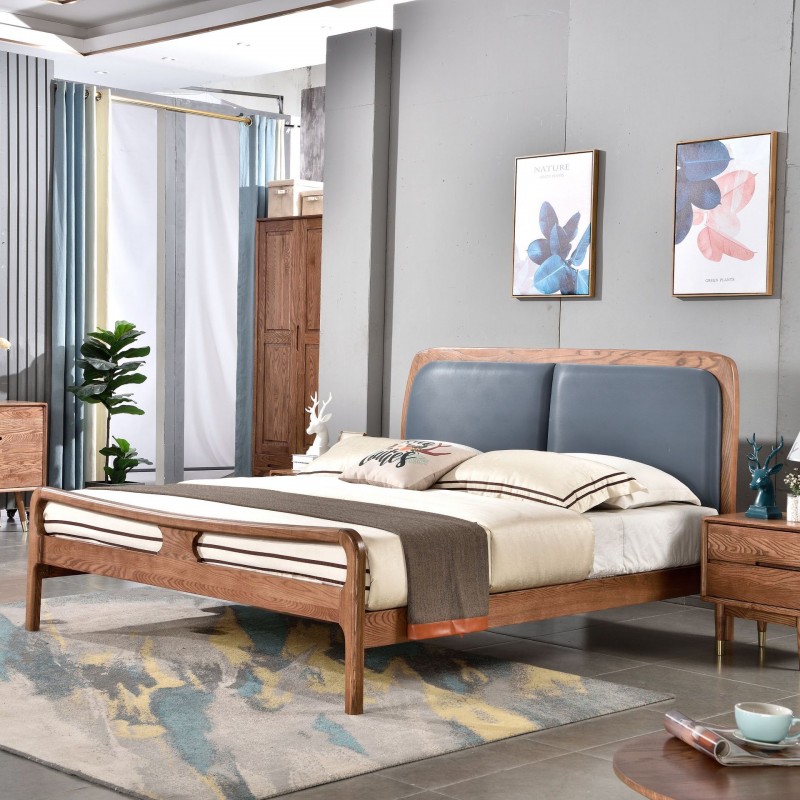 简约北欧实木床现代 软包靠背纯实木床 1.5米1.8米双人主卧室婚床