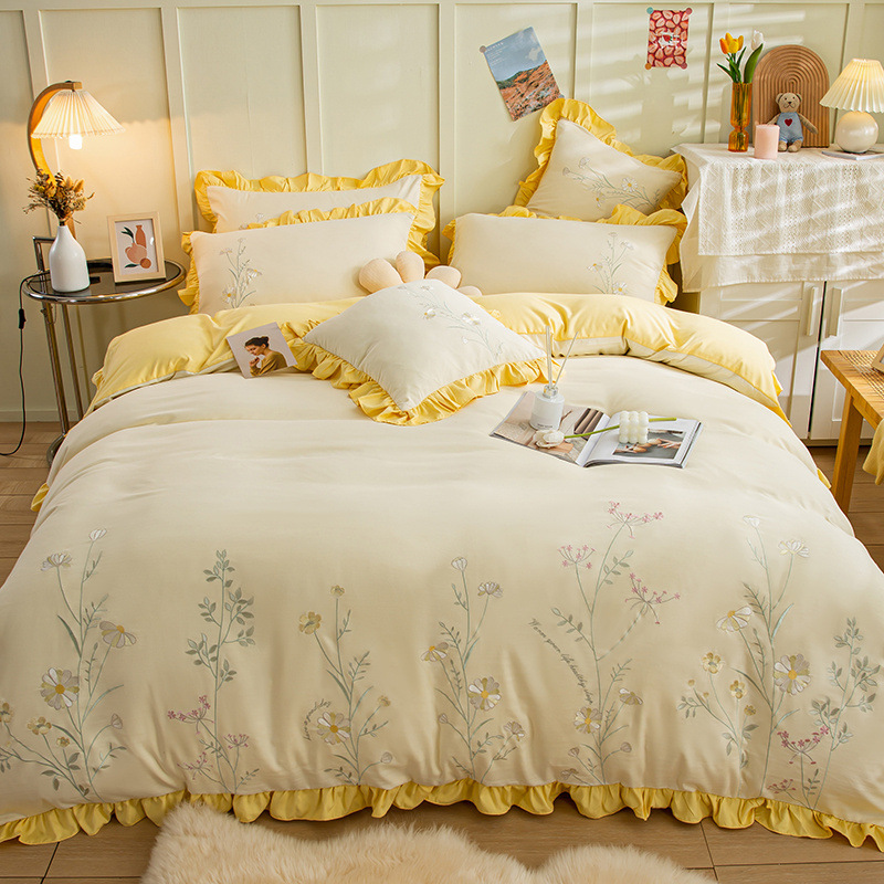 花仙子刺绣四件套加厚保暖2米双人被套床单清新荷叶边床上用品