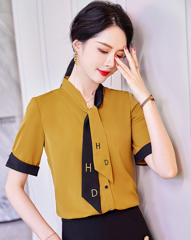 2022年夏新款黄色衬衫女设计感小众洋气上衣职业长袖飘带衬衣
