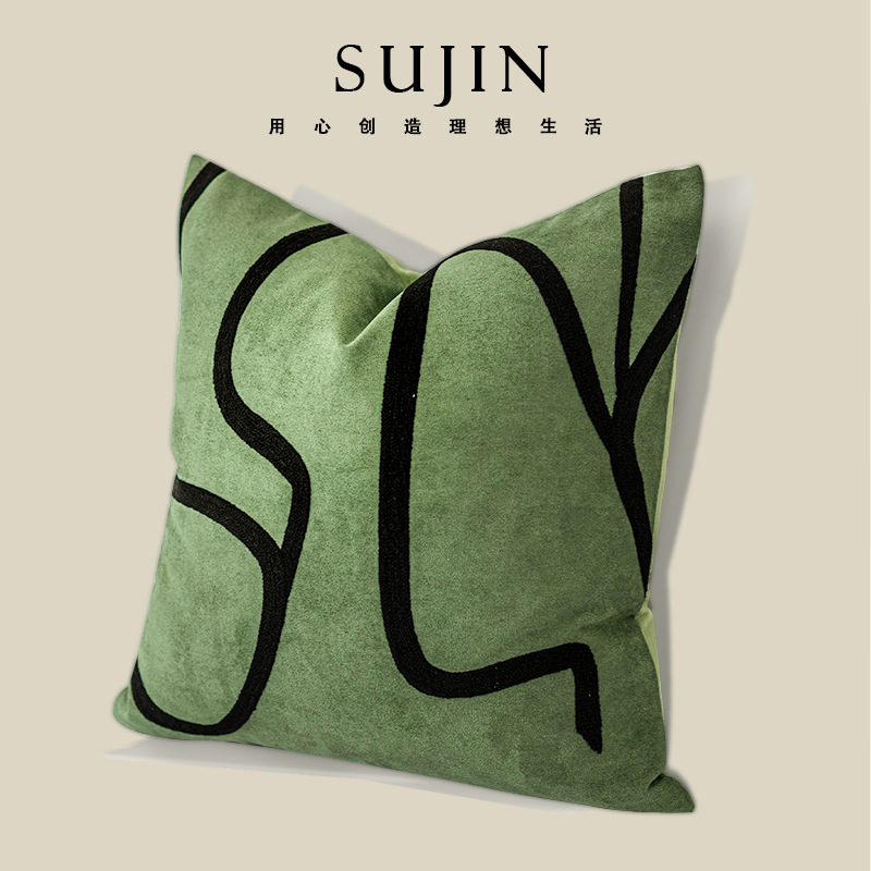 简约现代轻奢绿色条纹靠包麂皮绒绣线靠垫抱枕样板房沙发腰枕新品