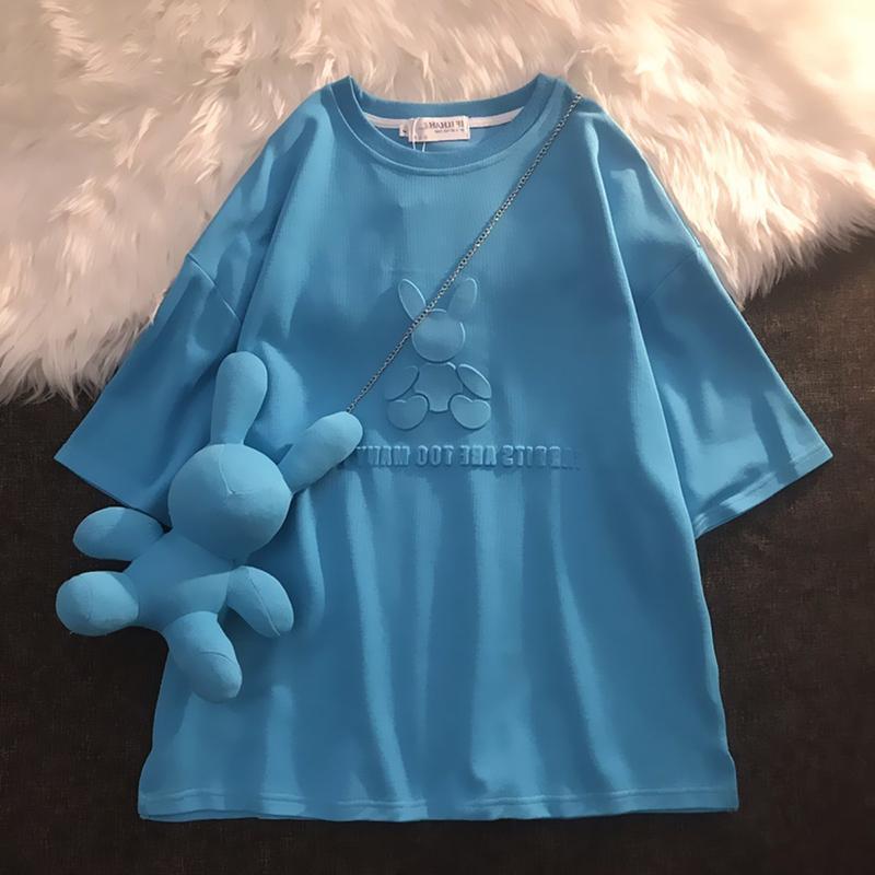 半袖2021夏季新款蓝色t恤兔子设计感小众女装中长款短袖宽松上衣