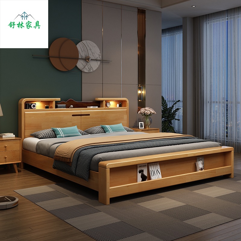 北欧实木床1.8m双人床现代简约带夜灯高箱储物经济型轻奢主卧婚床