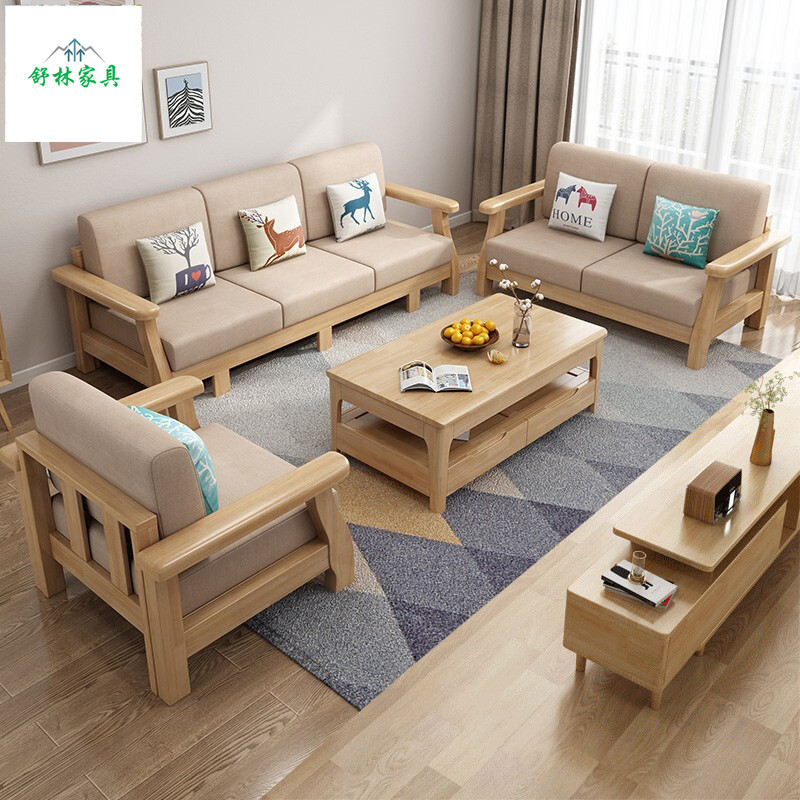 北欧客厅沙发 木布结合日式双人贵妃组合 小户型家具实木拉床沙发