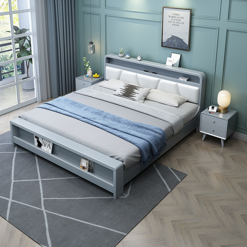 现代简约软靠实木床1.8m双人床带充电功能带灯小户型高箱储物婚床