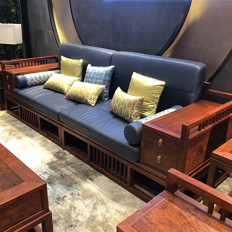 新中式沙发组合现代简约客厅实木真皮沙发样板间别宿家具现货
