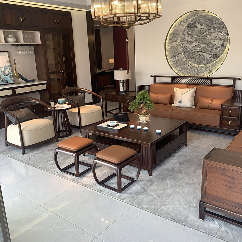 新中式沙发现代客厅实木沙发组合轻奢别墅真皮沙发乌金木高端家具
