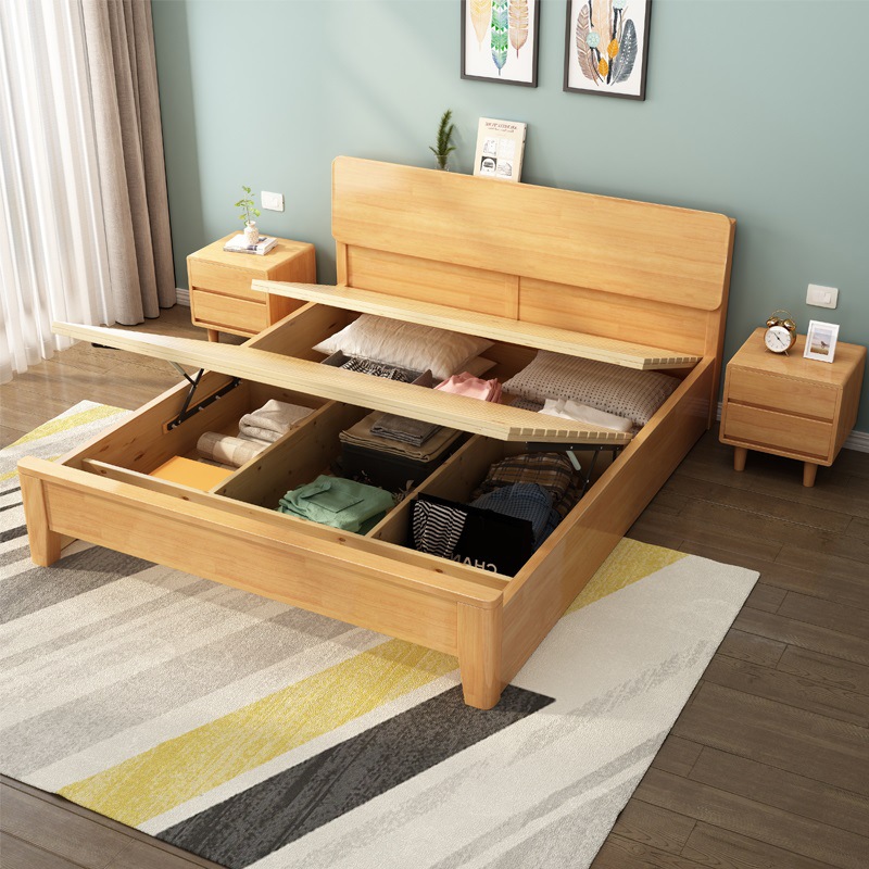 现货北欧风格1.8米1.5实木婚床原木色橡胶木实木床多功能厂家直供
