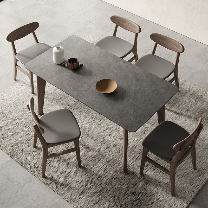 北欧岩板实木餐桌简约现代餐桌椅组合轻奢极简长方形家用灰色桌子