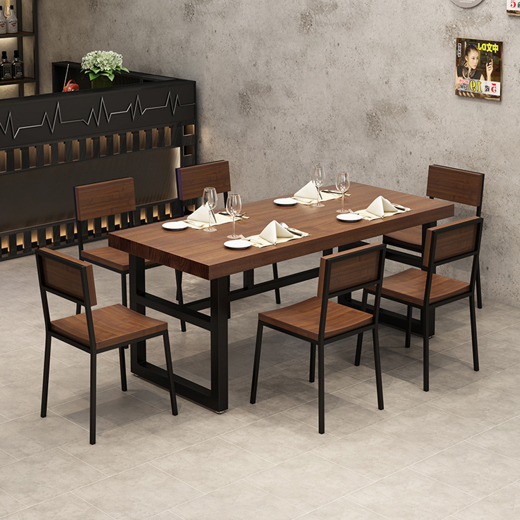 简约餐饮桌椅长方形铁艺实木餐桌椅组合快餐店奶茶店餐厅桌椅长凳