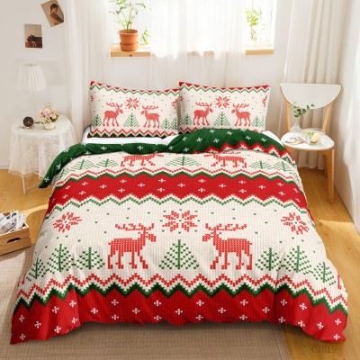 亚马逊跨境三件套被套圣诞麋鹿节日装饰床上用品数码印花套件批发