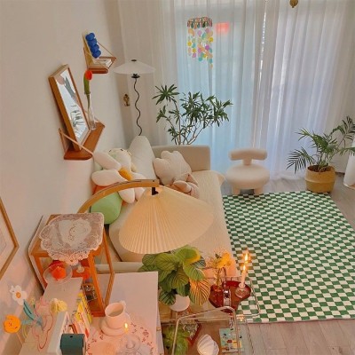 跨境专供复古棋盘格地毯客厅卧室现代简约绿白格子仿羊绒茶几毯
