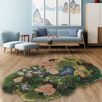 纯手工圆形长条床边毯 苔藓森林卡通羊毛地毯 客厅卧室轻奢客厅毯