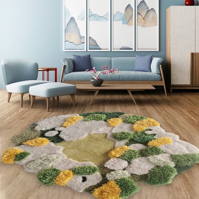 北欧风地毯纯手工异性绿色苔藓羊毛混纺地毯拼接撞色防滑家用地垫