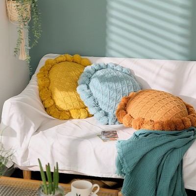 新款创意床上针织编织毛线式蒲团抱枕靠枕沙素色球靠垫批发代发