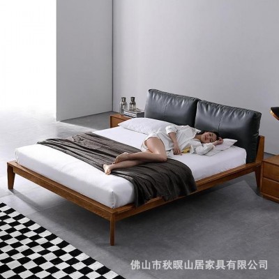 北欧全实木床现代简约白蜡木1.8米双人床日式头层真皮软包主卧床