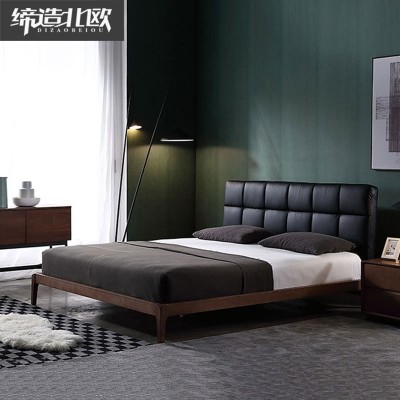 现代简约实木床1.8米1.5米双人床白蜡木主卧头层牛皮床小户型婚床