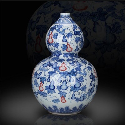 景德镇陶瓷仿古手绘青花釉里红葫芦花瓶中式大小号台面摆件工艺品