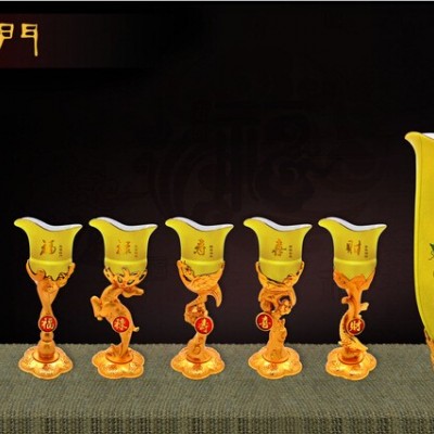 五福临门中国红工艺摆件 镀真金生肖艺术酒具 喜庆吉祥 高骨陶瓷