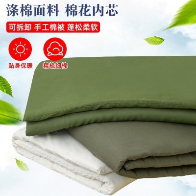 白色棉花被子被褥绿色床垫子纯色棉絮军训棉被白色褥子热熔棉褥