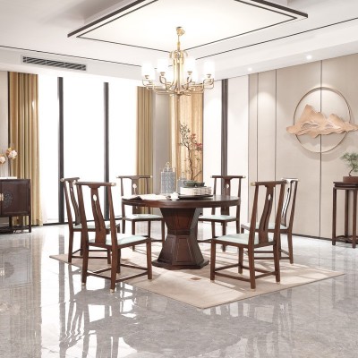 新中式实木餐桌椅组合现代简约家用转台圆桌餐桌餐厅样板房家具