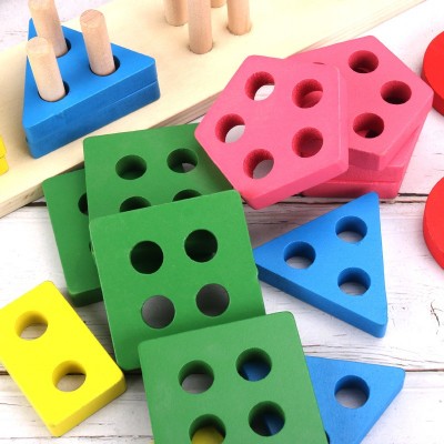 益智早教五套柱儿童几何智力板形状配对教具幼儿启蒙氏积木制玩具