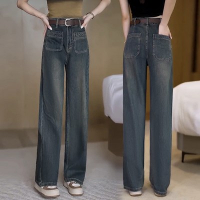 直筒怀旧牛仔裤女2024春季新款时尚设计感高腰宽松显瘦拖地阔腿裤